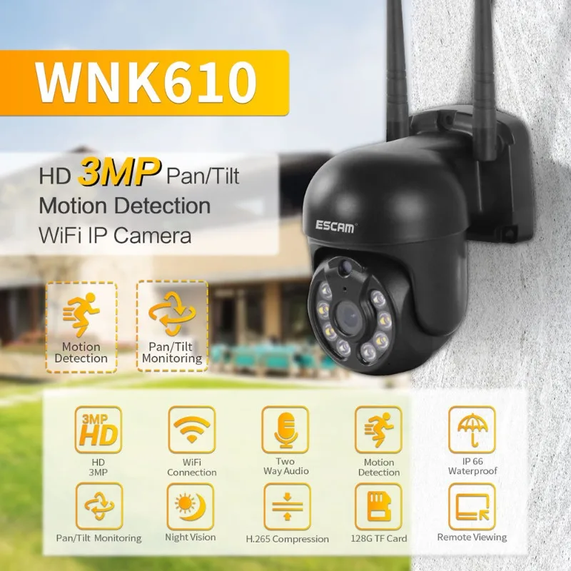 

ESCAM WNK610 motion detection WIFI connection 3MP two-way voice smart dual-light source night vision H.265 camera