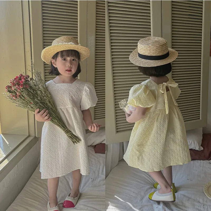 

Summer Costume New Fashion Girl Kid Brief Sweet Puff Sleeve Princess Dress Children Cotton Solid Loose Party And Wedding Dresses