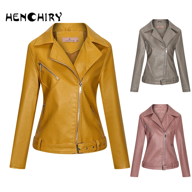 

HENCHIRY Women Clothes Spring and Autumn New Arrivals Slim Fashion Faux Jacket Zipper Biker Coat Black Leather Top Y2k Jacket