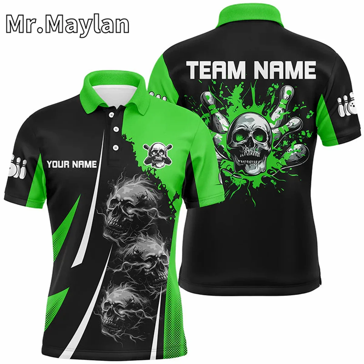 3D зеленый Пламя Череп Боулинг шар Мужские Спорт рубашки поло пользовательские