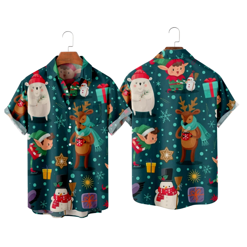 

Casual Style Holiday Collection Vintage men's Santa and Fawn print casual breathable short sleeve shirts