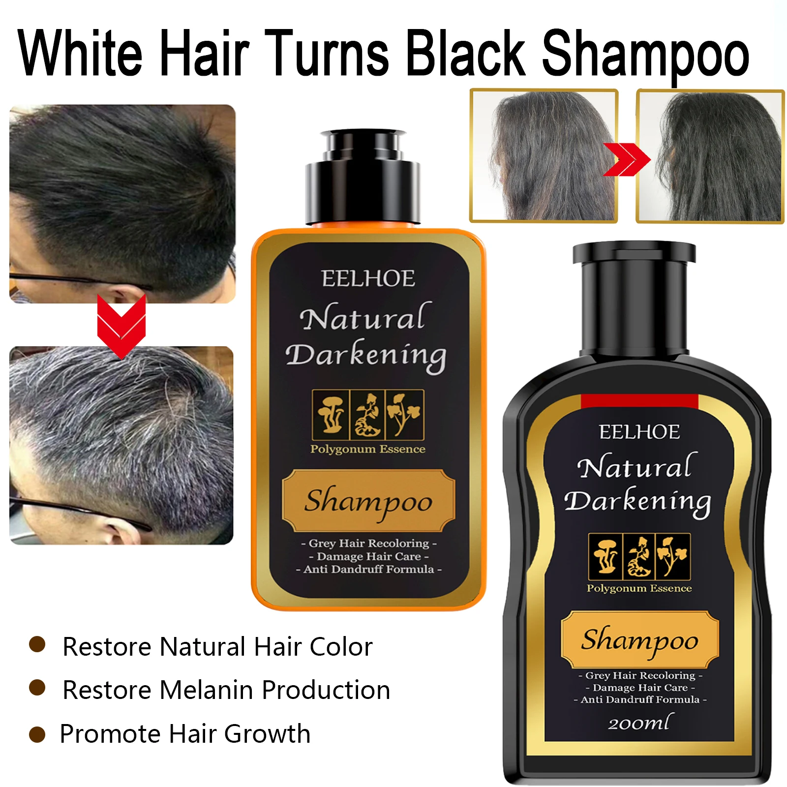 

100ml200ml Black Hair Growth Shampoo Prevent White Hair Restore Melanin Oil Control Anti-Dandruff Anti-itch Cleansing hair roots
