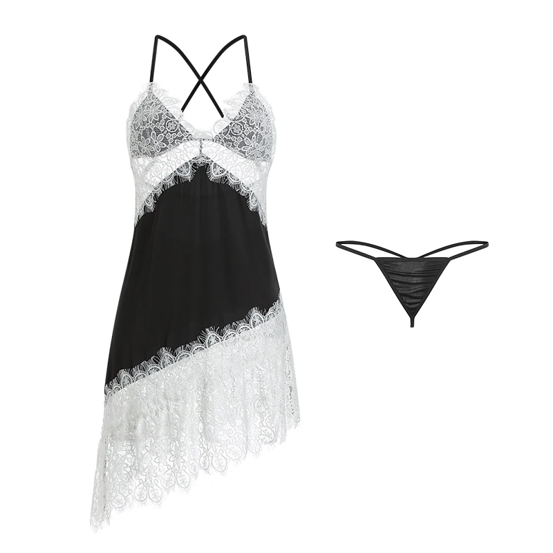 Sexy Mousse Spring Summer Sexy Pajamas Lace Perspective Temptation Sweet French Private Sling Nightdress Women's Home Clothes