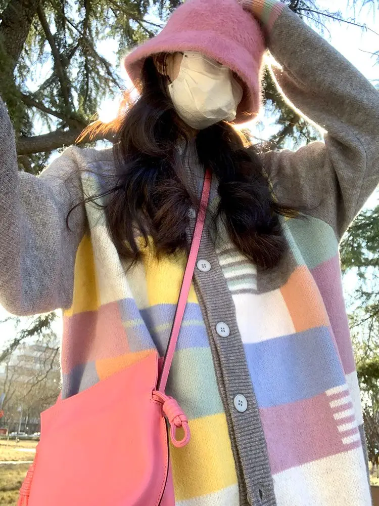 

Осенне-зимний теплый клетчатый свитер, кардиган, Женский Мягкий Вязаный свободный контрастный жакет в японском стиле с длинными рукавами, Q9