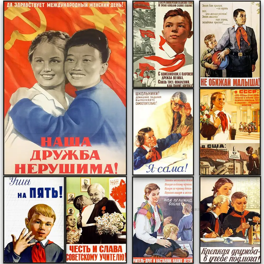

Vintage Soviet Education Propaganda Posters Picture Kraft Paper Prints Nostalgia High Quality Home Room Bar Print Wall Stickers