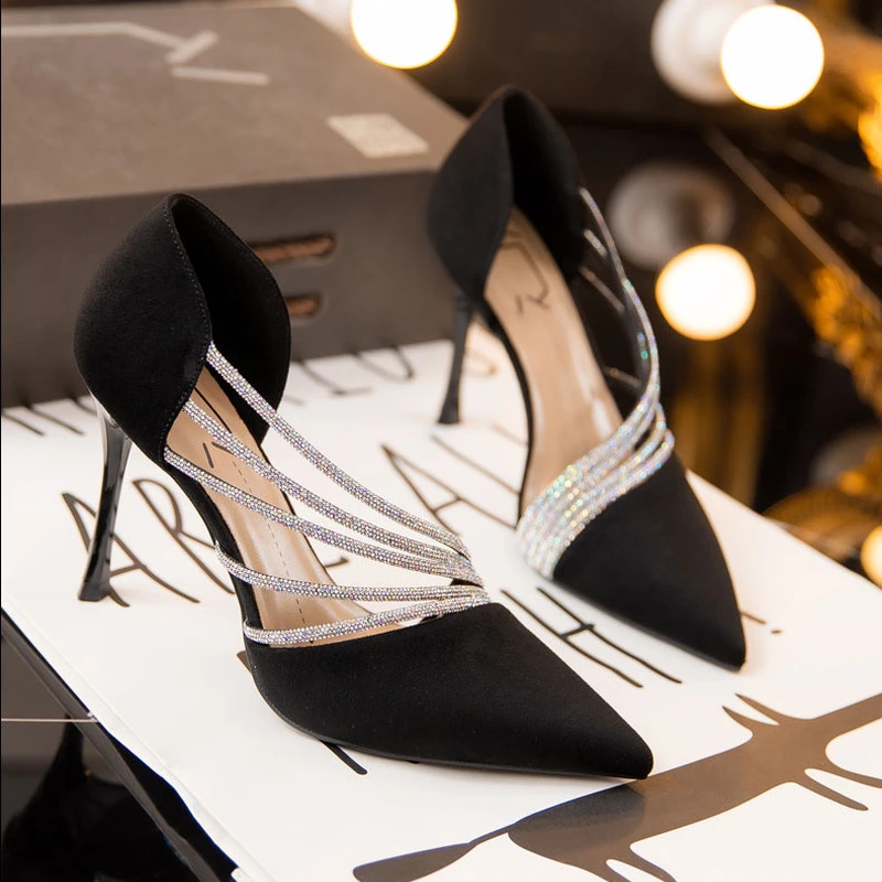 

Women's High Heels Shoes Rhinestones Sexy Suede Women Pumps Stiletto Party Shoes Women Heels Pointed Toe Hollow Women Sandals