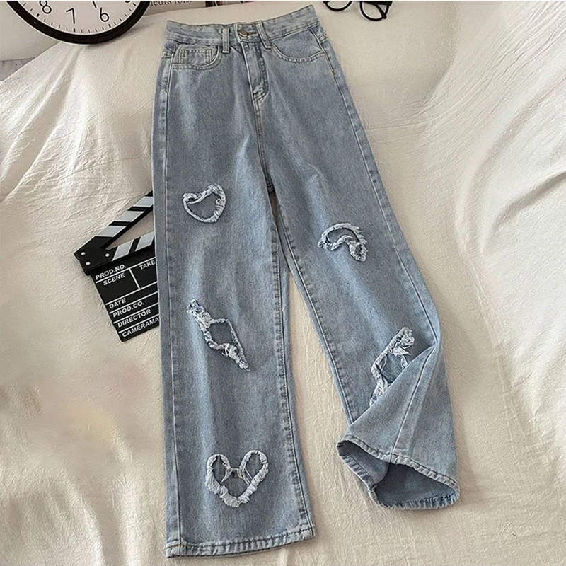 Women Jeans Loose Wide Leg High Waist Heart Pattern Retro Punk Patchwork Street Y2K Fashion Trousers Pant with Pockets blue