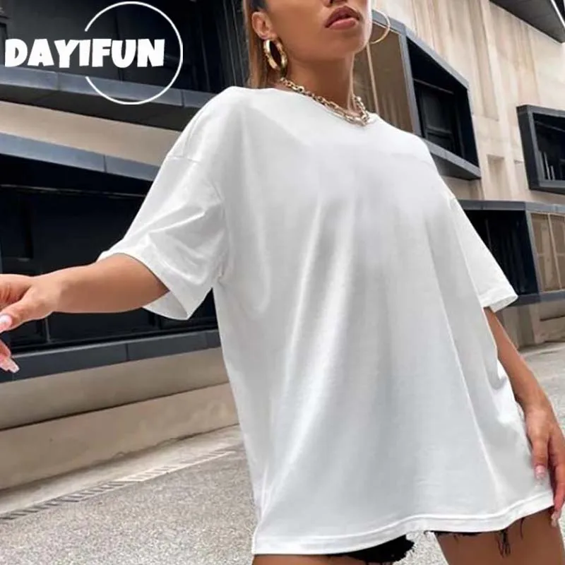 DAYIFUN Solid Plus Size T-shirts Female Summer Cotton Short-sleeved O-neck Tees Tops Women's Oversized L-6XL Casual T Shirt