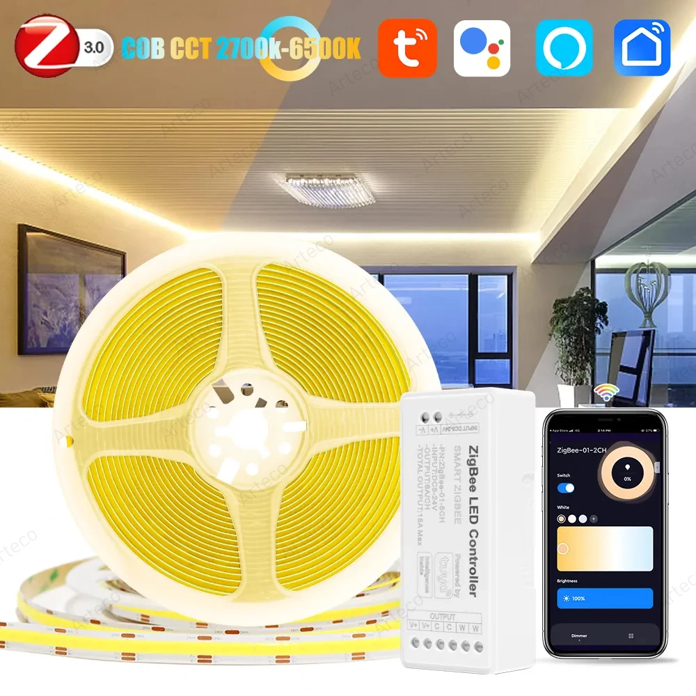 Гибкая светодиодная лента Zigbee COB CCT гибкая высокой плотности 24 В 608 светодиодов/м