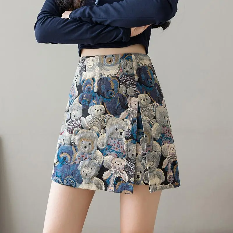

New Summer Women Skirt A-line Japanese Cat Print Sweet Cute Loose Short Skirt Oversize Bear Visual Print Female Mini Skirts