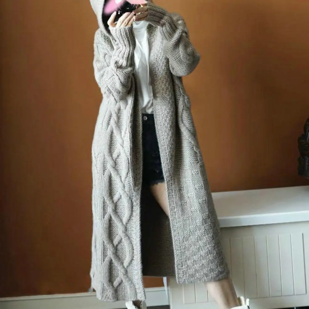 

Loose Cardigan Sweater Jacket Cozy Women's Knitted Hooded Sweater Coat Thick Mid-calf Length Loose Fit Soft Autumn Jacket