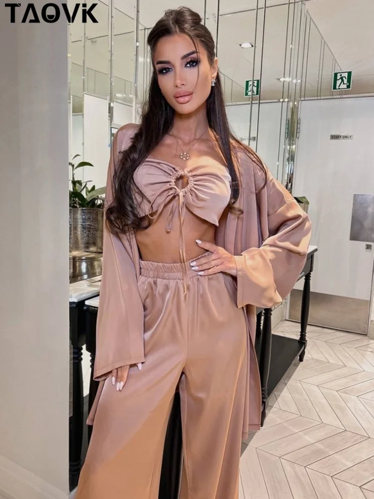 

Женский костюм-тройка TAOVK, Свободный Топ с запахом на груди и длинным рукавом и широкие брюки с поясом на резинке, повседневный костюм