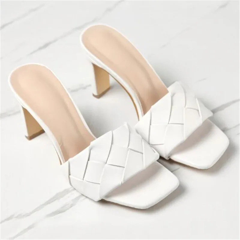 

NEW Sexy PU diamond Square head Peep Toe High Heel Slippers Summer Fashion Slip On Thin Heels Slides Women Mules Party