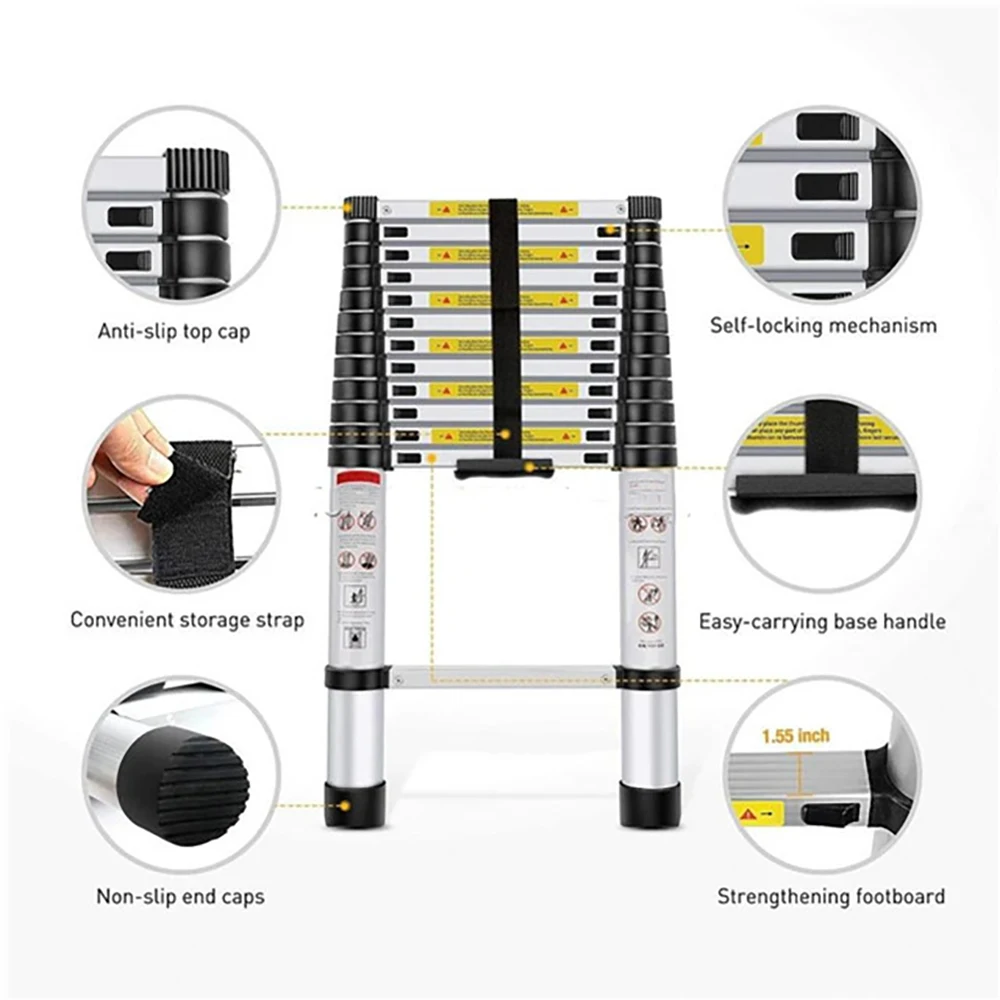 3.8M Portable Telescopic Aluminum Ladder Extension Step Straight Ladder Alloy One Button Retraction Multi Purpose Househol Tool