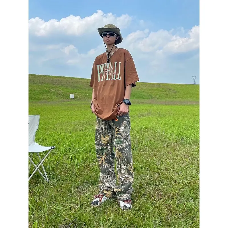 Straight Camouflage Pants Loose Street Vintage Letters Towel Embroidered Casual Cargo Jeans Men