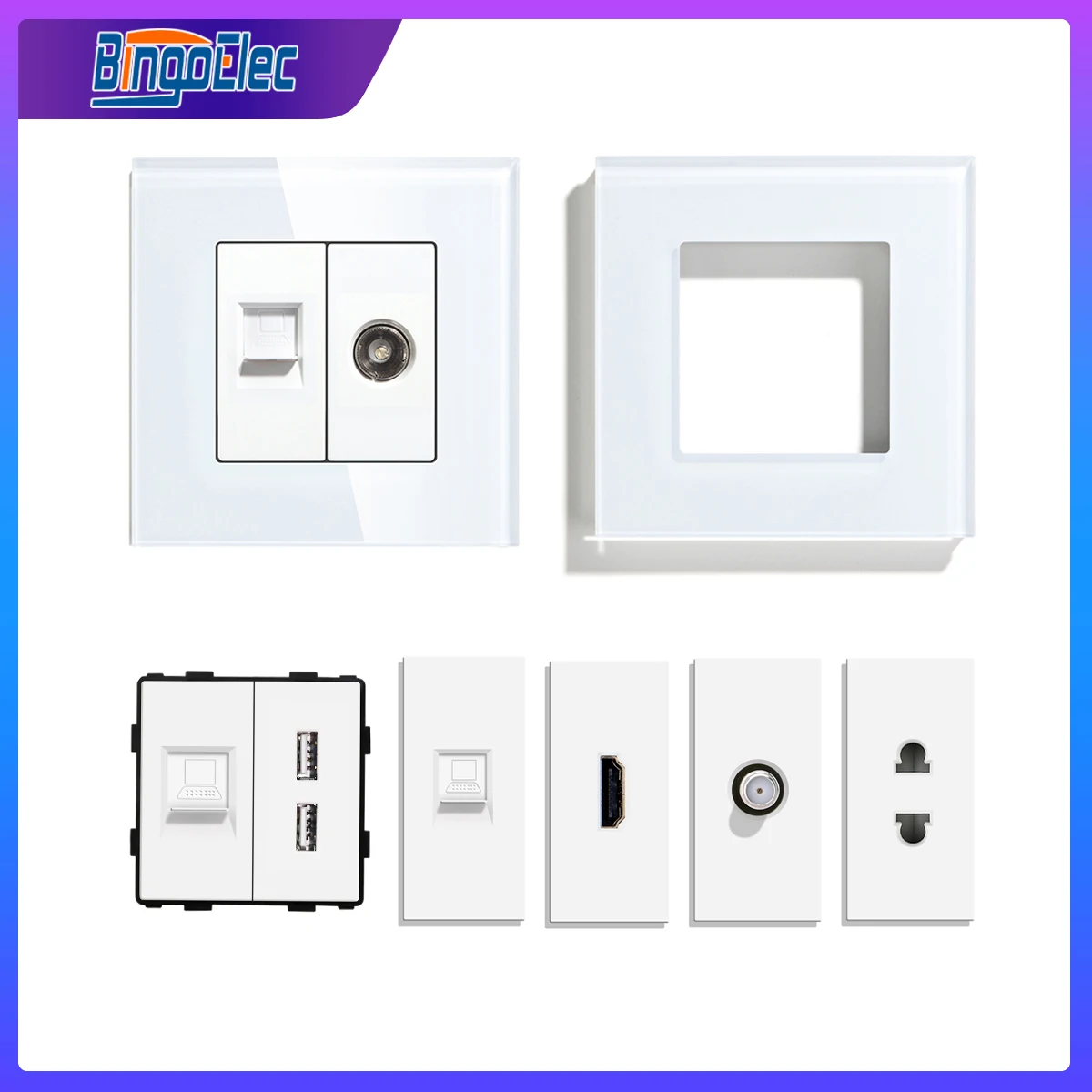

Bingoelec USB Wall Socket French Brasil Socket with TV Connector HDMI CAT6 RJ45 Internet Computer Data Outlet DIY Function Parts