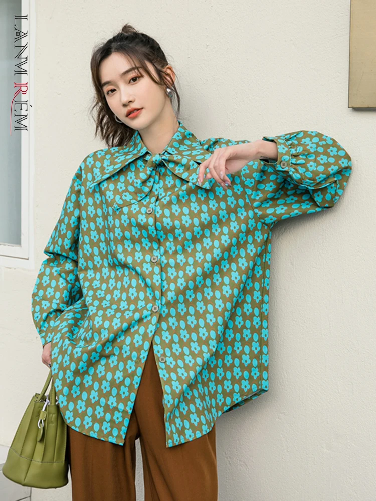 

LANMREM 2022 New Women Lapel Single Breasted Shirt Female Spring Autumn Fashion Loose Long Sleeve Print Flower Shirts 2J908