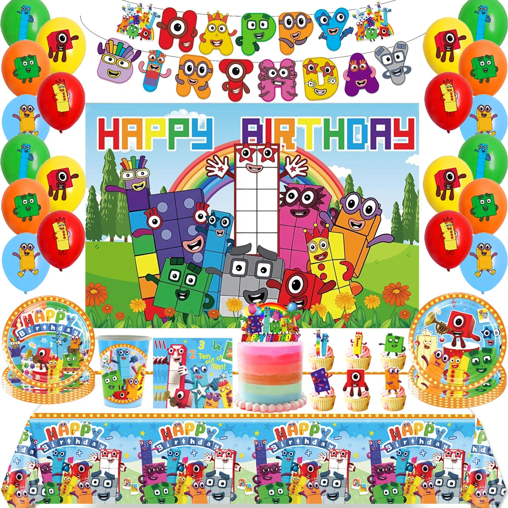 Детский конструктор с цифрами, одноразовые чашки, тарелки, скатерть ...