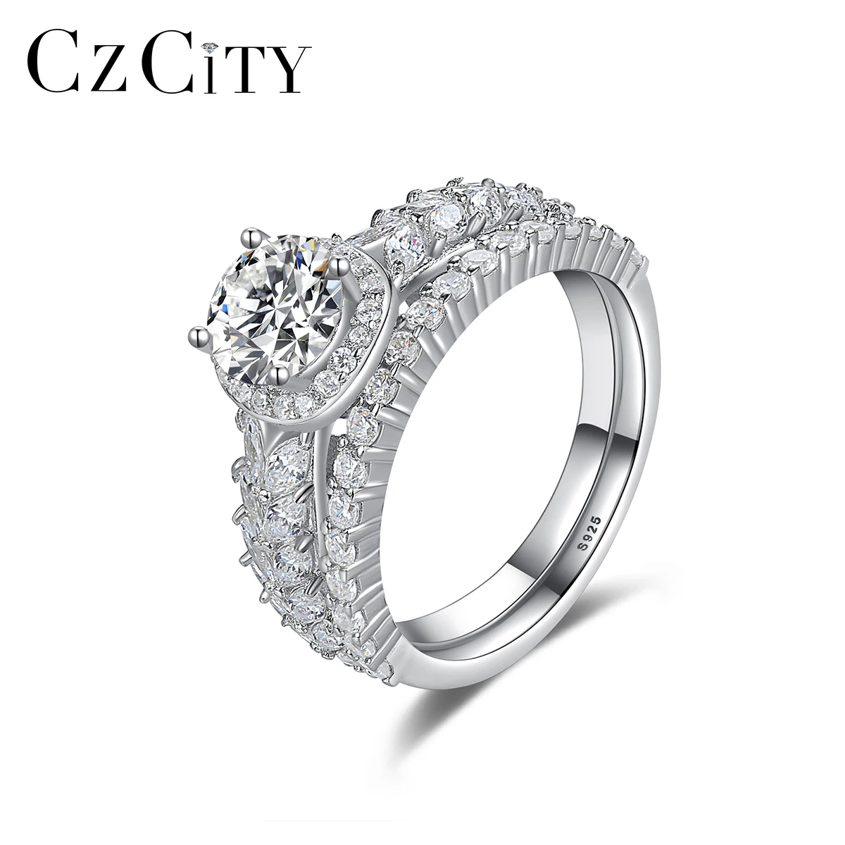 CZCITY New Luxury 925 Sterling Silver Promise Eternity Rings for Women Engagement Fine Jewelry CZ Bridal Sets Wedding Bands Gift