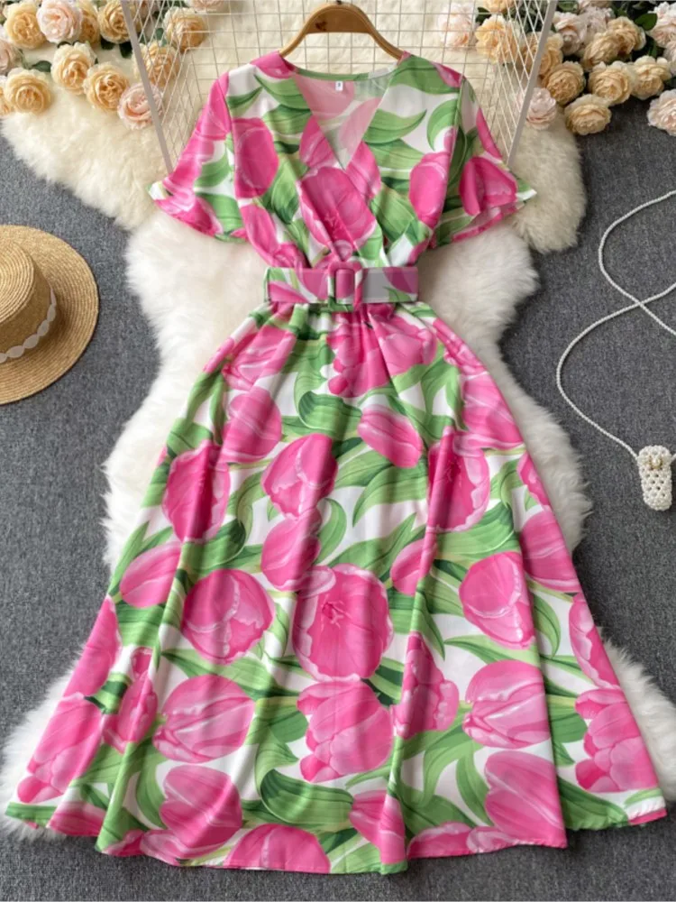 

Women Summer Floral Print Dress 2022 Sashes V Neck Ruched Vacation Fashion Vestdios Ladies A Line Midi Dresses