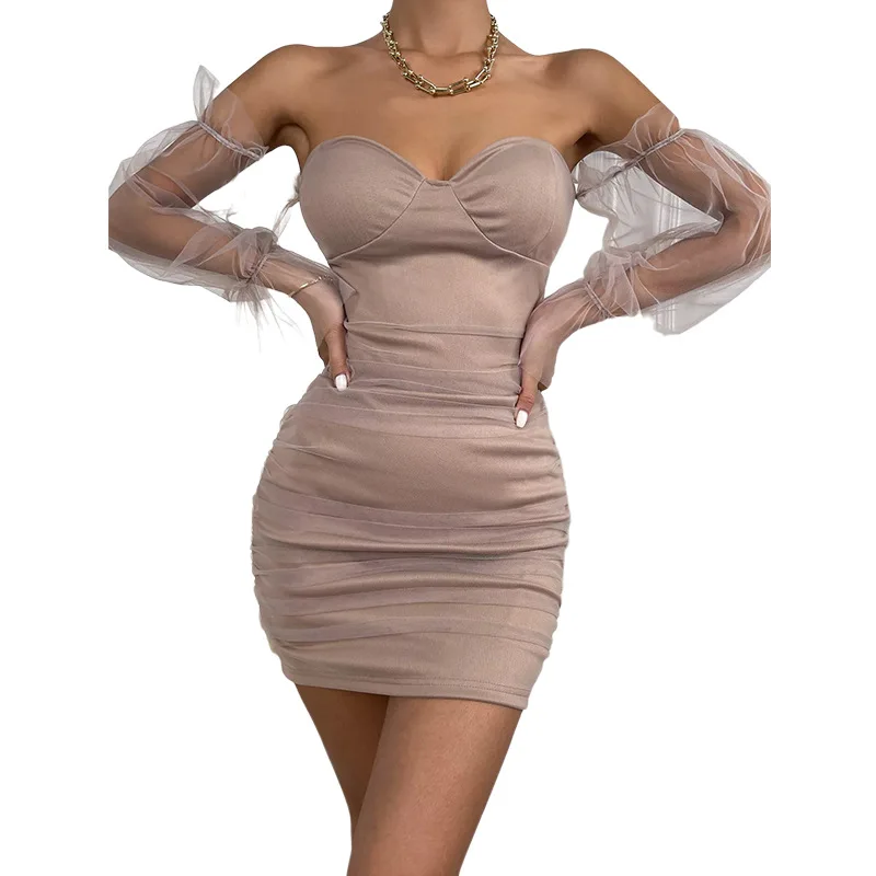

European and American Style Fashion Sexy Backless Dress 2022 Summer New Women's One-word Collar Pleated Mesh Stitching Skirt