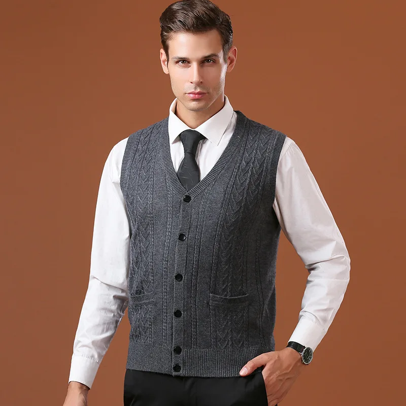 

Новинка 2023, Осенний вязаный свитер, модный мужской шерстяной жилет без рукавов, v-образный вырез, деловой Трикотажный жилет