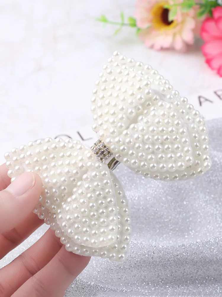 

Милые белые жемчужные банты для волос с зажимами для волос для маленьких девочек Детские многослойные украшения Стразы центральные банты ш...