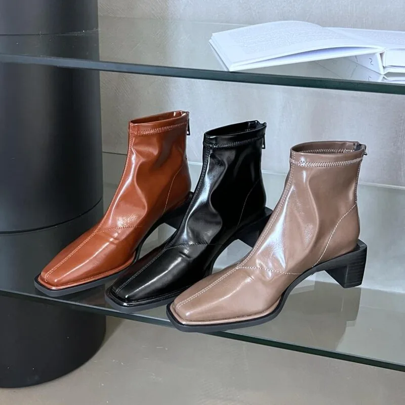 

Women Ankle Boots Fashion Square Low Heel Back Zipper Ladies French Retro Boots Shoes Square Toe Outdoor Casual Short Boots
