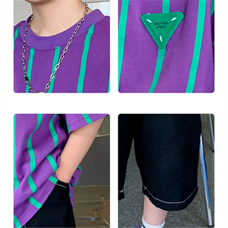 Boys Summer Vertical Stripe Clothing Sets Casual Outfit T-shirt + Pants Boys Children 2PCS Suit Kids Tracksuit 5 7 9 11 13 14 Y