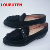 loubuten black genuine leather long fur loafers luxury men red bottom casual shoes brand mens designer party and banquet shoes