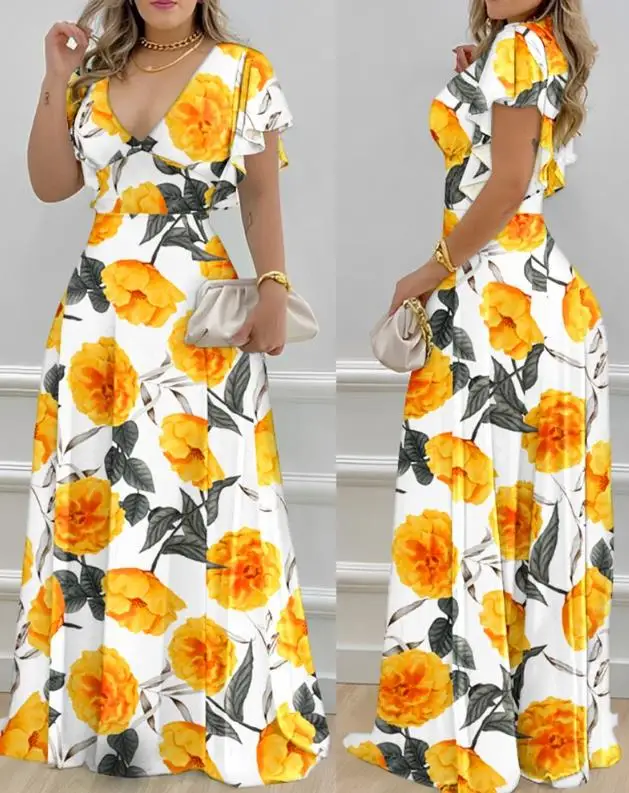 Elegant Dresses for Women 2023 New Colorblock V-Neck Tropical Print V-Neck Bell Sleeve Maxi Dress Female Fashion A Line Skirt