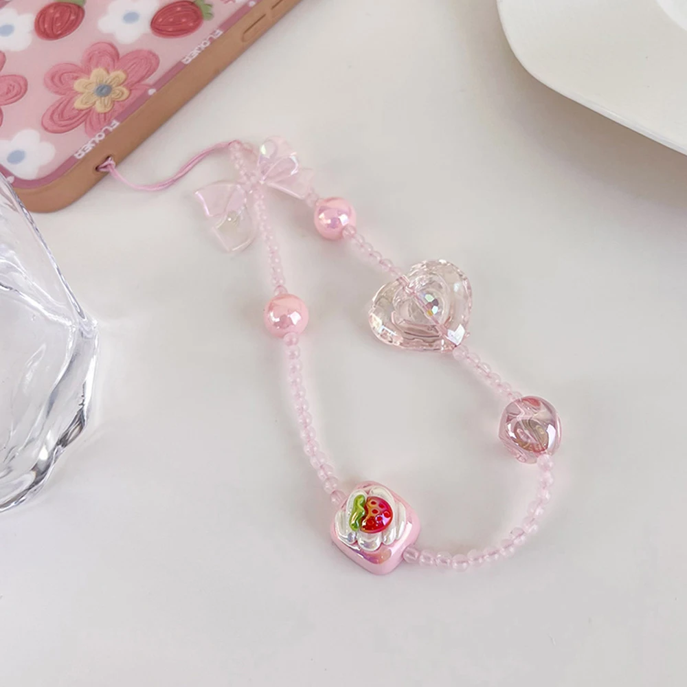 

Pink Love Cake Ball Bow Beaded Mobile Phone Chain Sweet Women Girls Cell Phone Hanging Chain Charm Telephone Bagbag Jewelry