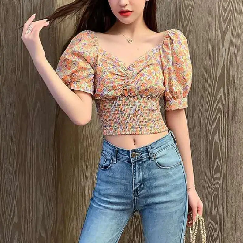 Women Casual Sexy Crop Tops Floral Printed Pattern Short Sleeves Pullover Dark Green/ Purple/ Apricot/ Black/ Orange