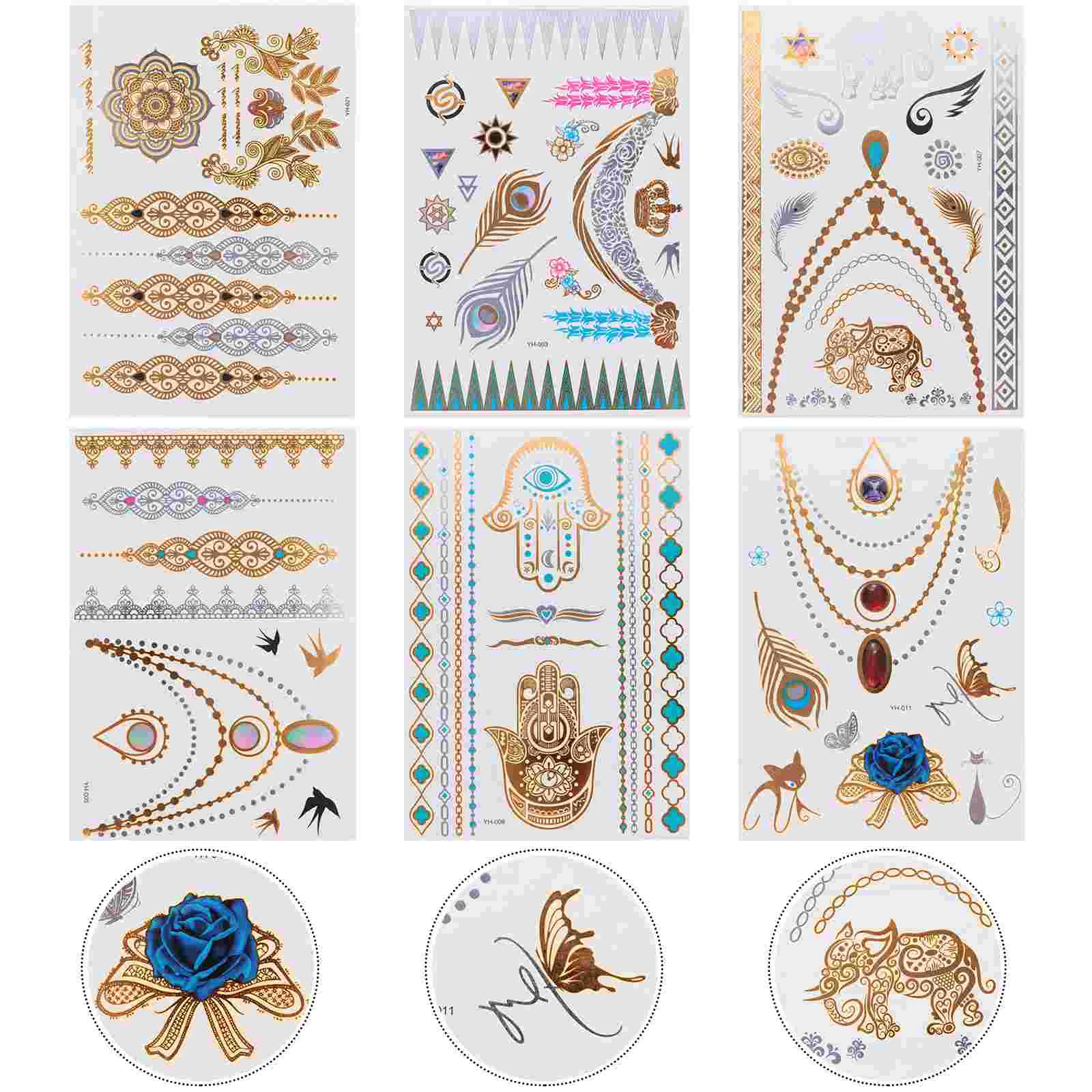 

6 Sheets Metal Stickers Removable Mens Stickers Decal Face Stickers Tattoos Stickers Water Proof Bronzing Tattoo Stickers Tatoo