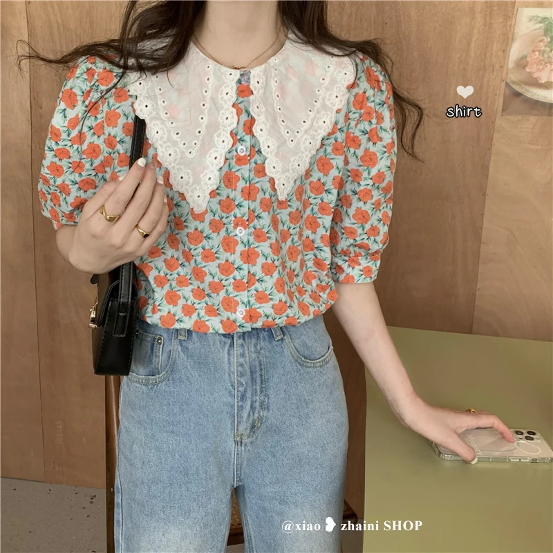

French Doll Collar Floral Short Sleeve Shirt Women's 2022 New Summer Chic Beach Style Top