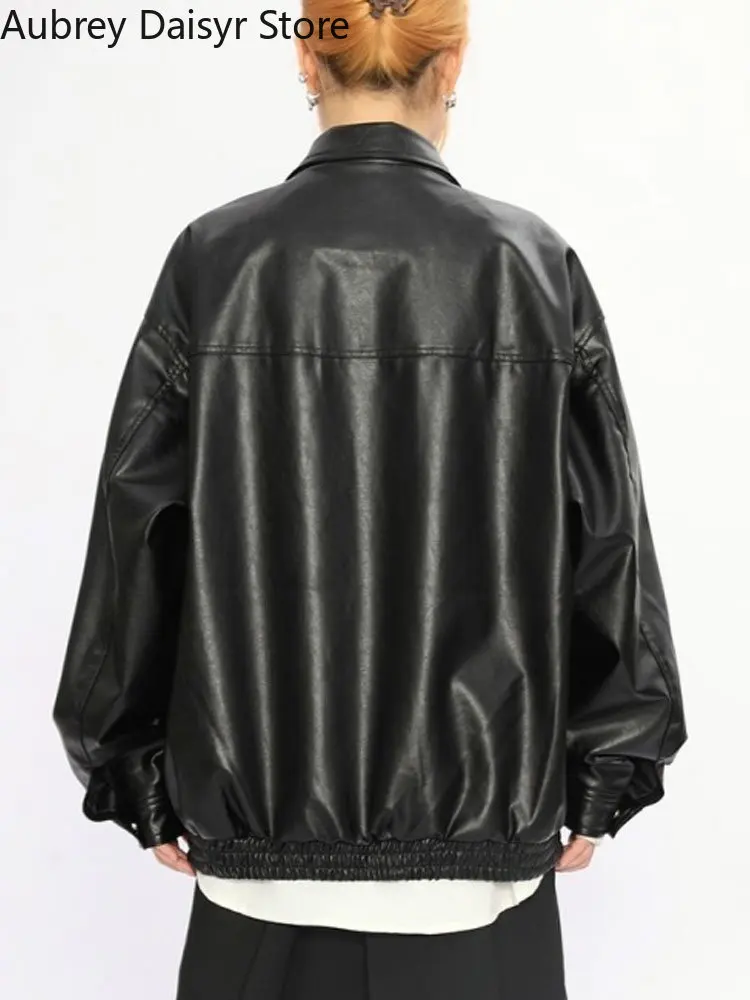 Streetwear Loose Black Leather Jacket Women Punk Fashion Trend Biker Zipper Leather Jacket High Street Vintage Chic Leather Coat