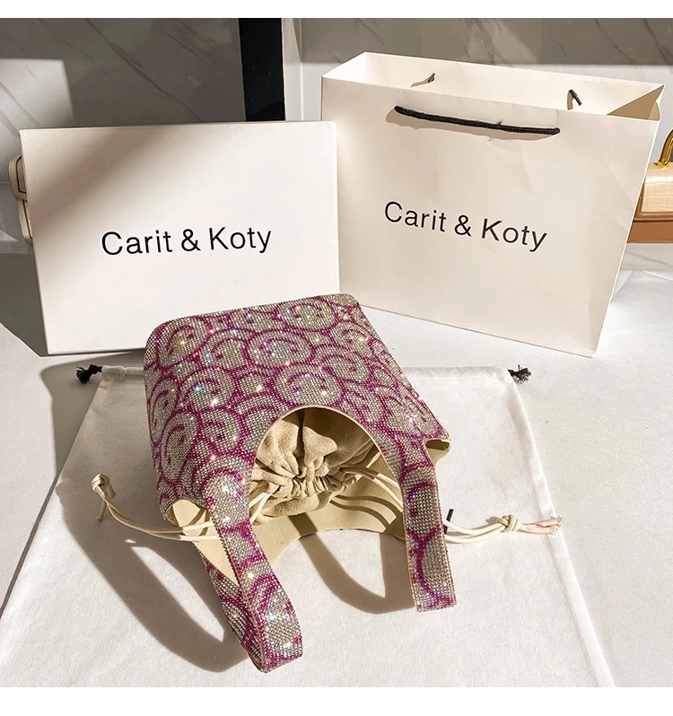 Cute Cartoon Printing Glitter Diamond Rhinestone Bucket Bag Crystal Shiny Evening Clutch Bag Party Bling Purse Women's Handbag