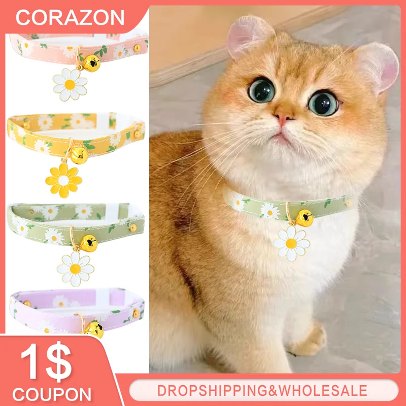 

2PCS Cute Cat Collars With Flower Pendant Adjustable Puppy Double Layer Fabric Necklace Candy Color Pattern Bells For Kitten