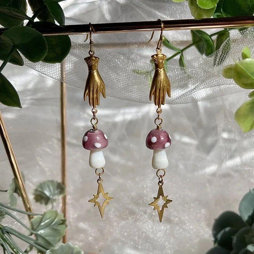 

Sacred Hand Purple Mushroom Earrings Bright Star Earrings for Women Girls Boho Jewelry Gifts Cute Speckled Mushroom Earrings New