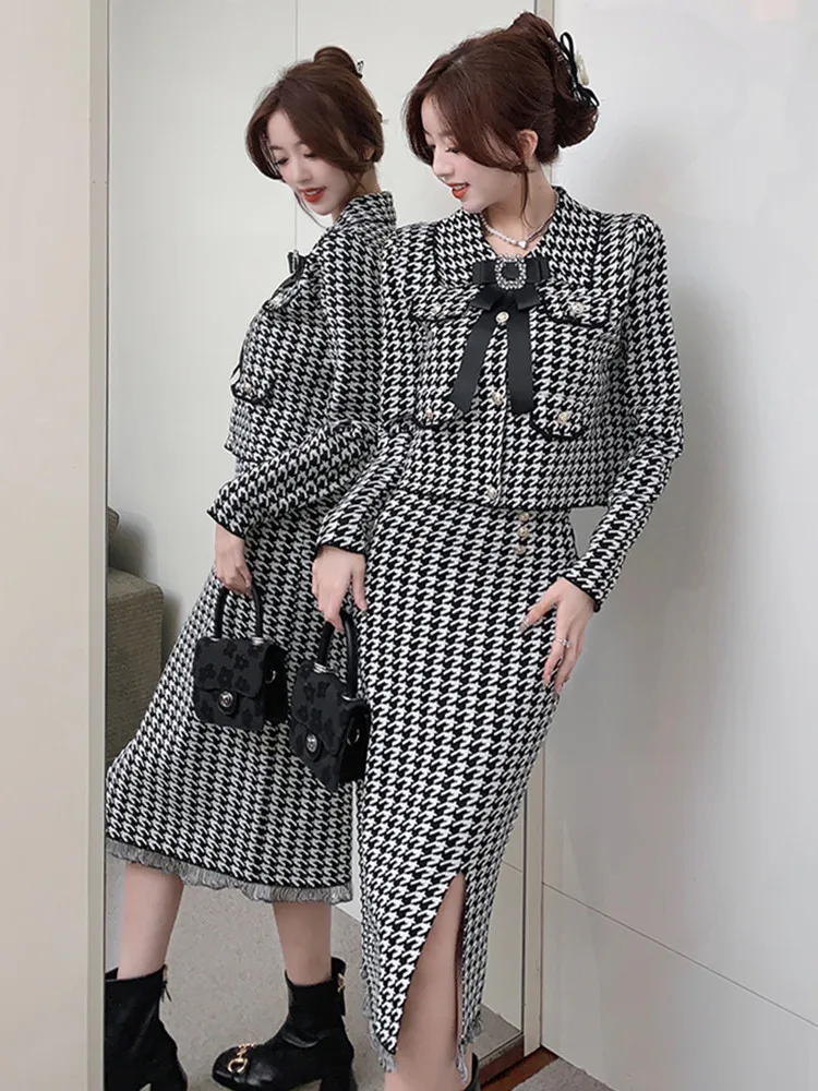 

Small Fragrance Wind Houndstooth Knitted Two Piece Sets Women Vintage Bowknot Knit Cardigan Sweater Long Skirt Female