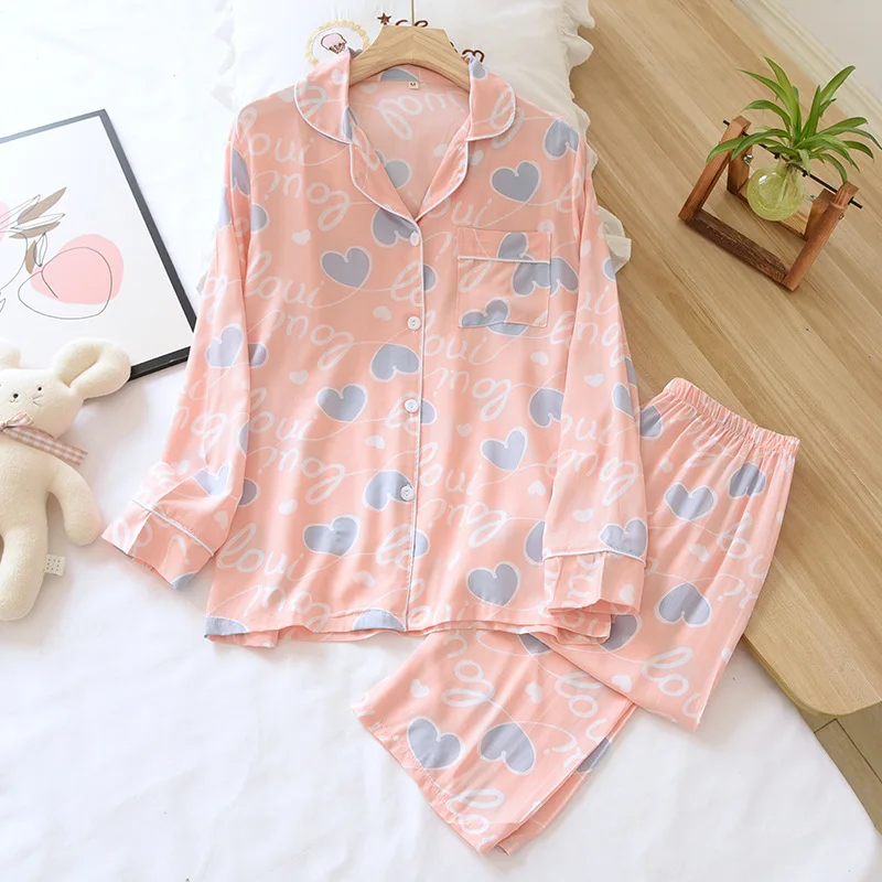 Homewear Pajamas Suit Women Viscose Bedgown Large Size Floral Summer Lapel Thin Smooth Soft Long-sleeved Trousers Home Service