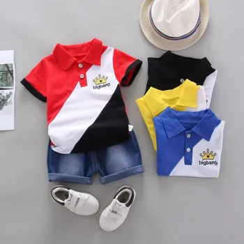Baby Boys Suit Short Sleeve Crown Patchwork Pattern T-shirt Blouse+Denim Shorts Summer Clothing Set Toddler Casual Outfits Set 1