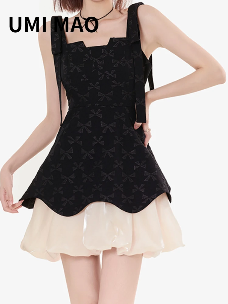 

Новинка 2022, Милая юбка UMI MAO Yamamoto, летнее Черное женское облегающее платье из двух частей с бантом и имитацией двух частей, элегантное коротко...