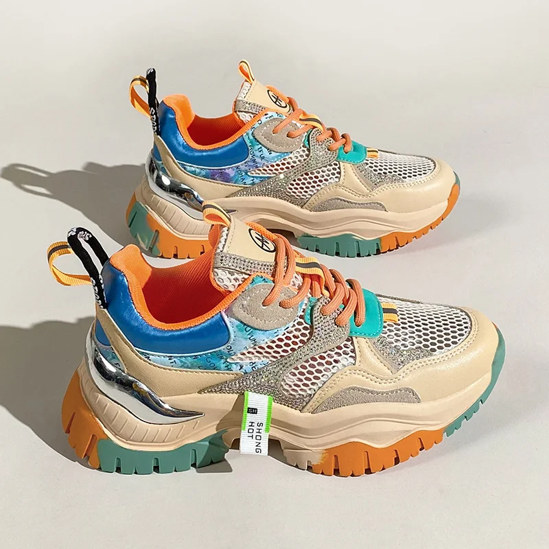 

Color-blocking Platform Shoes Women's 2023 Spring and Summer New Hollowed-out Breathable Mesh Heightening Sneakers Women Tenis