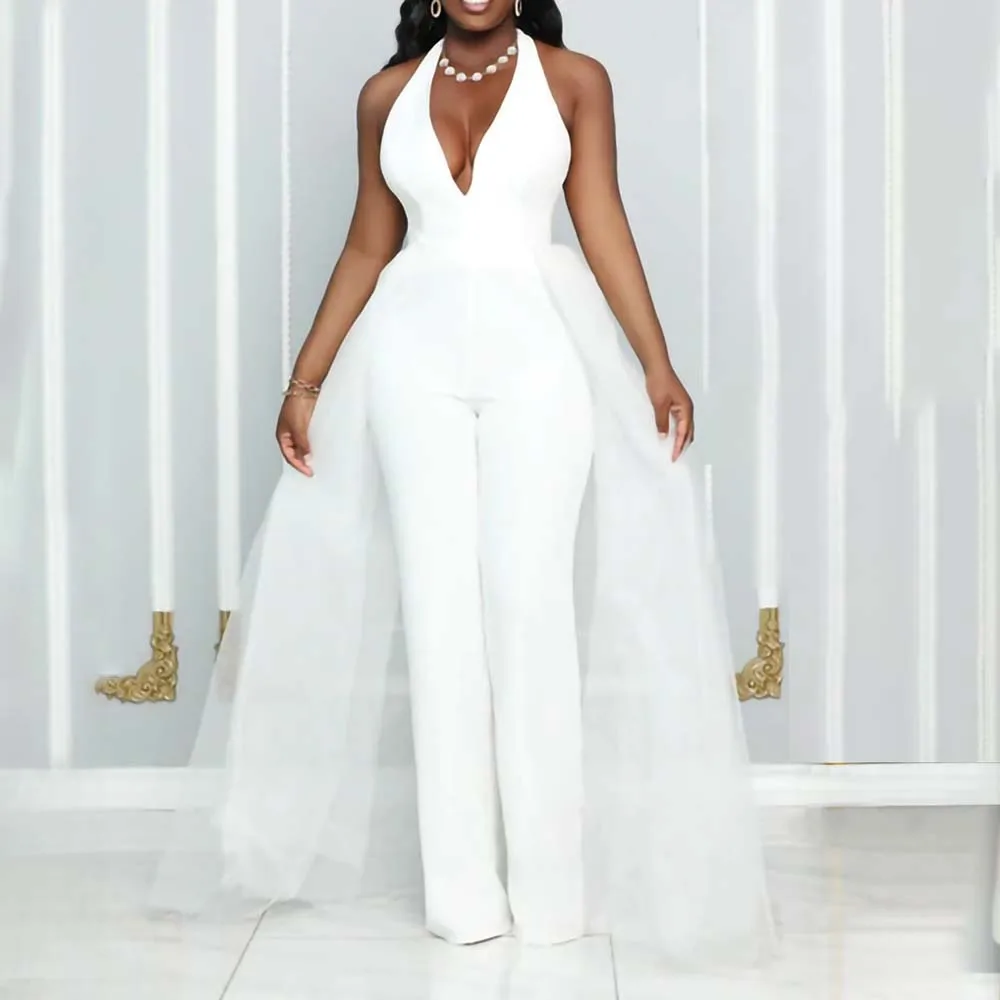 

2022 New Jumpsuit Sexy V-neck Halter Neck Halter Mesh Patchwork Jumpsuit Fashion Western Party High Street Wear Summer