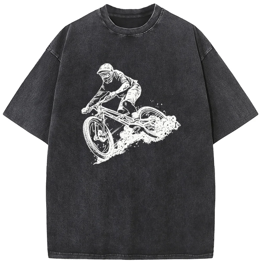 

Bicycle Riding Printed Men's T-Shirt 230g Cotton O-Neck Washed T-Shirt Novelty Casual Loose Bleach T shirt