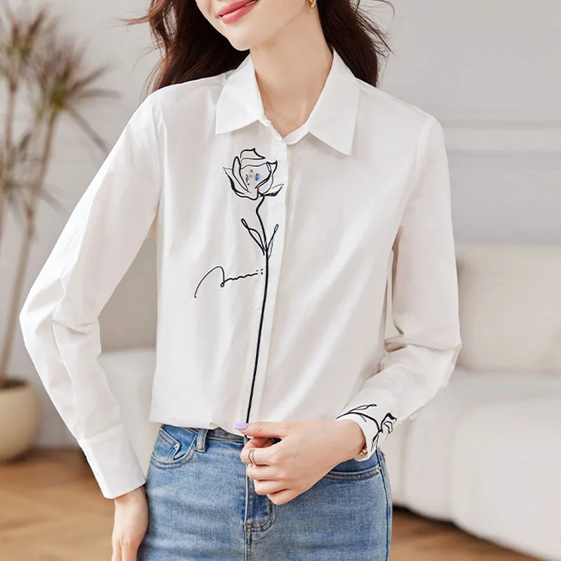 Новая женская рубашка с длинным рукавом и отложным воротником вышивкой блузка