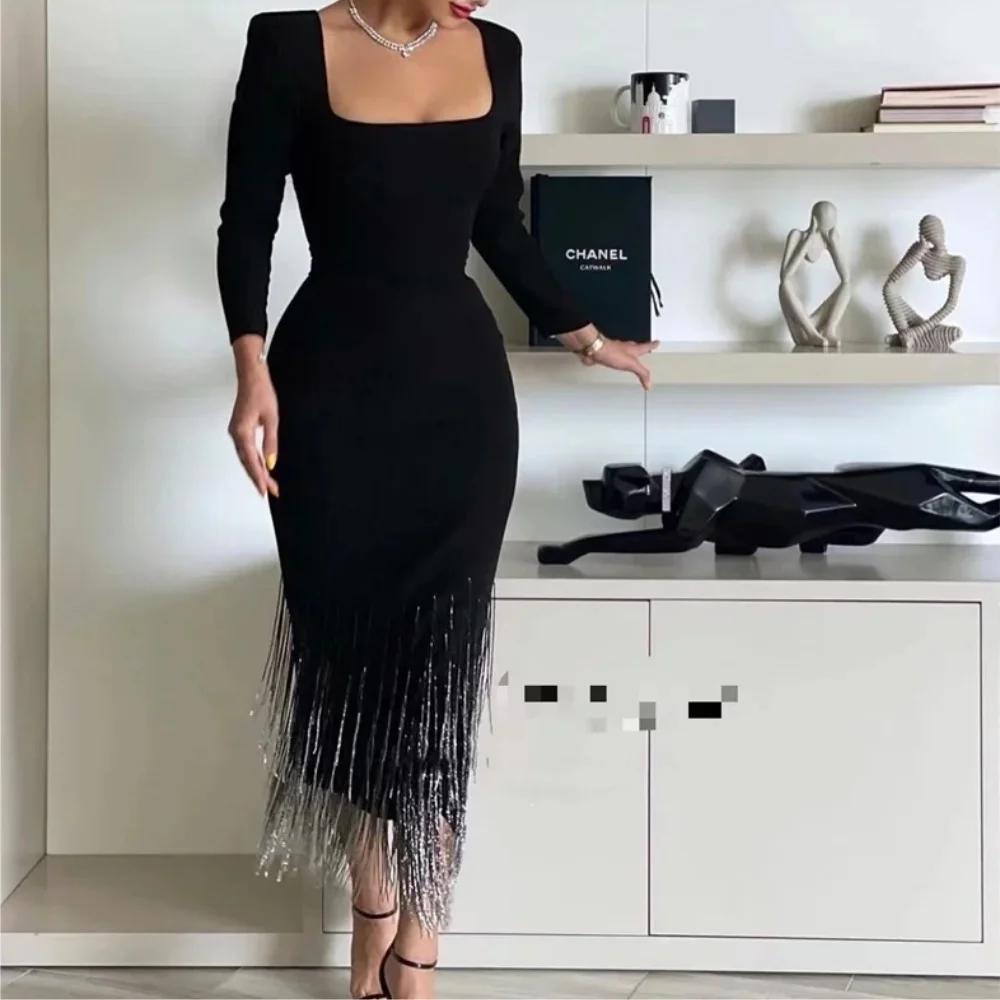 

Muloong Square Neckline Tea-Length Women Elegant And Pretty Luxury Prom Dress