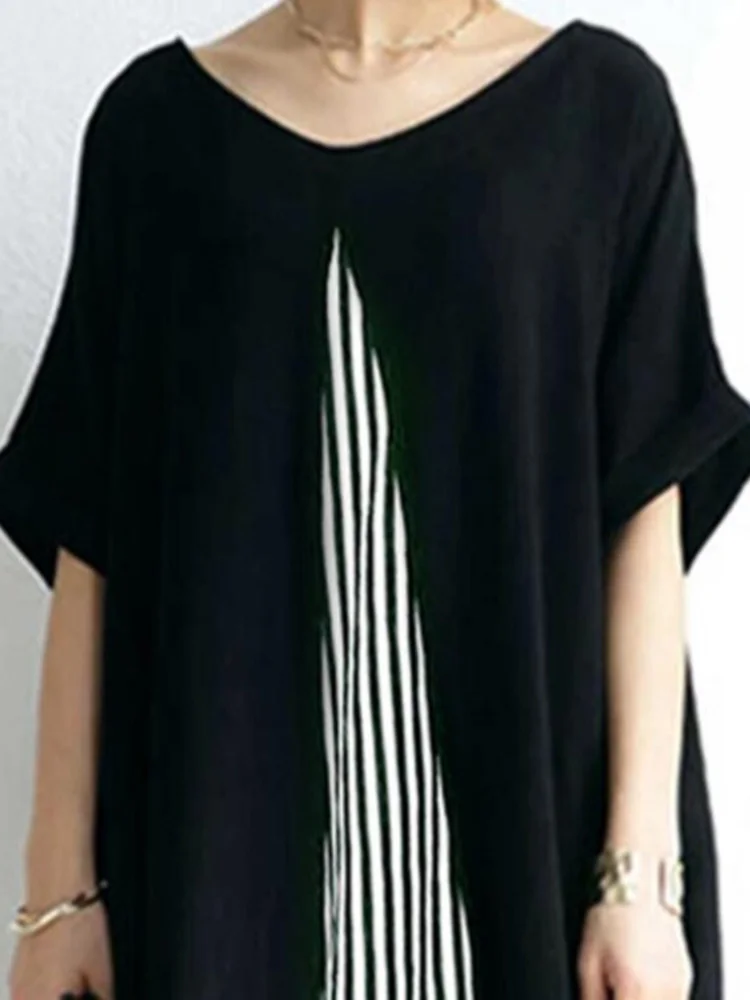 

Женское контрастное платье в полоску с круглым вырезом