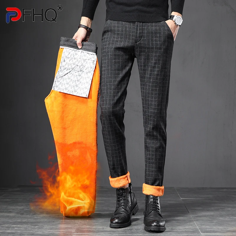 

PFHQ 2022 High Quality Winter Fleece Stretch Warm Pants Elegant Trendy Men's Brushed Thicken Plaid Slim Elastic Social Trousers